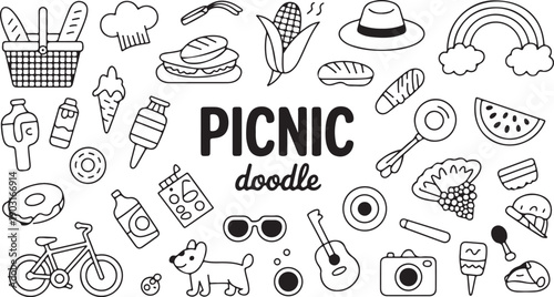 A fun collection of hand drawn outline doodles related to a cheerful outdoor picnic