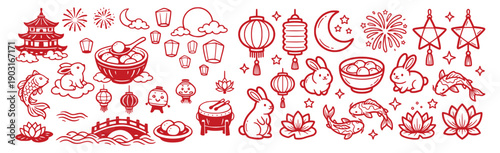 Chinese Mid-Autumn Festival and Lunar New Year red doodle icon set with rabbit, lantern, and moon