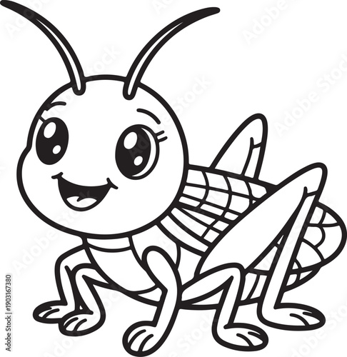 Cheerful cartoon grasshopper illustration in black outline with white fill looking friendly