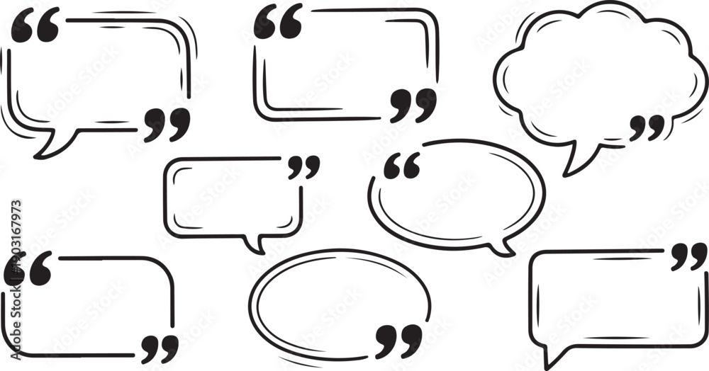 Obraz premium Multiple black outlined speech bubbles with quotation marks convey dialogue and communication on a white surface