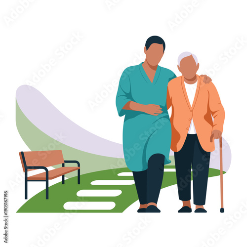 Nurse or caregiver walking alongside an elderly man using a cane in a park setting representing senior care, assistance, and companionship.