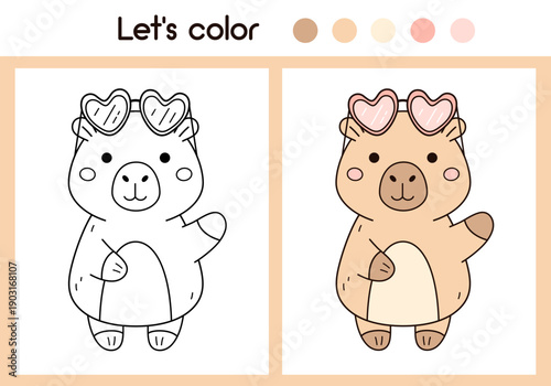 Cute capybara coloring page with colorful sample printable worksheet for preschool, kindergarten kids. Kawaii capybara coloring book, Animal doodle outline.