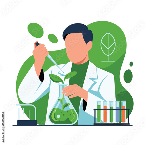 Scientist in a laboratory using a pipette to add liquid to a plant growing in a flask representing biotechnology and agricultural research.