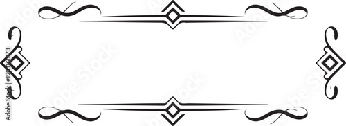 Symmetrical black and white ornate horizontal frame with geometric and flowing scrollwork elements