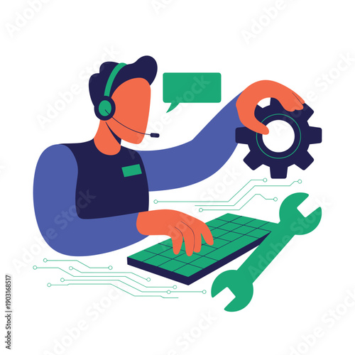 Technical support agent wearing a headset and fixing a gear on a digital keyboard representing customer service and troubleshooting.
