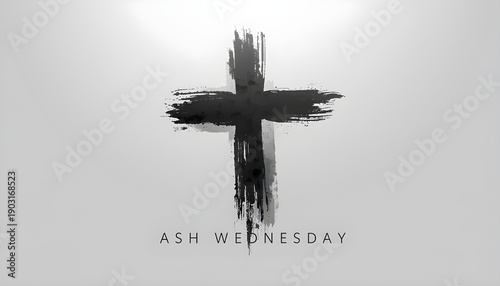 Ash Wednesday black brush stroke cross light gray background Christian religious symbol repentance reflection Lent observance design