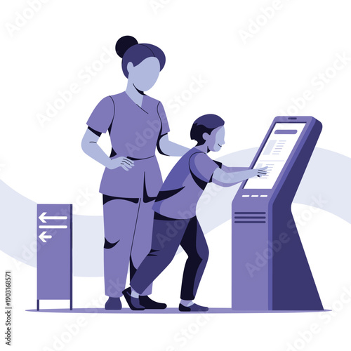 Nurse or medical assistant helping a young patient use a digital self-service kiosk in a hospital or clinic lobby.