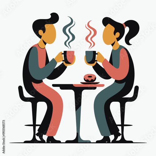 Couple sitting at a caf� table drinking hot coffee with a donut on the table representing a date or casual meeting.