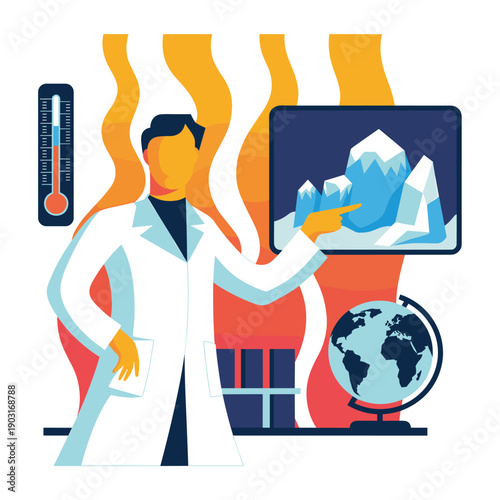 Scientist presenting alarming data about melting glaciers and global warming on a large screen with a thermometer and globe to an audience of concerned people.