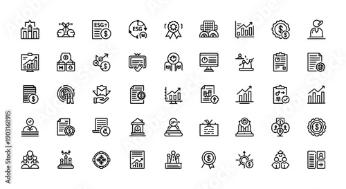Business Icons Set: Finance, Growth, Success, Strategy, Data, Analytics, ESG
