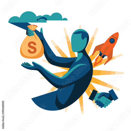 Successful businessman holding a large money bag and shaking hands with a partner while a rocket launches in the background symbolizing rapid startup growth.