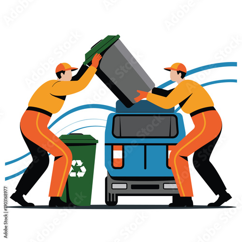Two diligent sanitation workers lifting and emptying a large grey recycling bin into the back of a blue garbage truck for urban waste management and disposal.