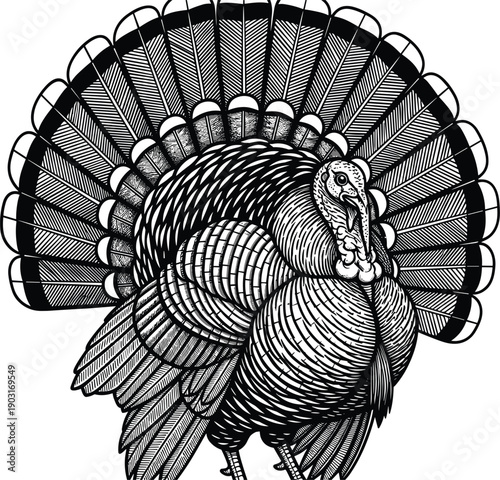 Detailed Black and White Vector Illustration of a Wild Turkey with Large Fanned Tail Feathers for Thanksgiving Holiday and Wildlife Nature Graphic Designs