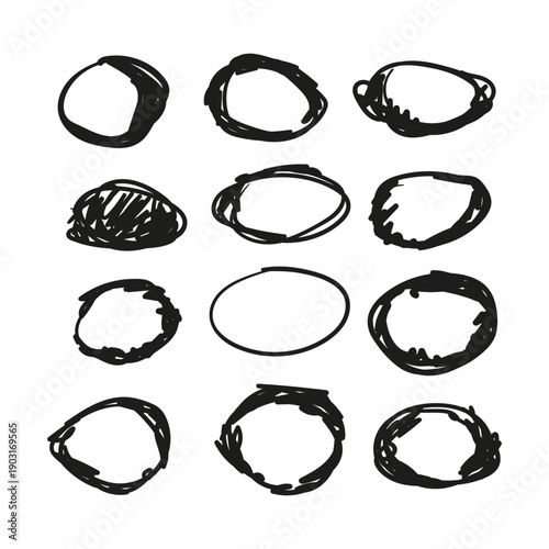 Hand drawn vector illustration of black circles shapes. Brush lines and grunge texture create a creative and expressive design set