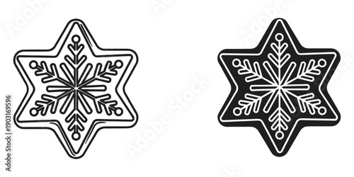 Two black and white star shaped snowflakes on white background