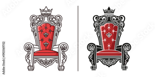 Ornate royal throne chairs with red cushions and crowns