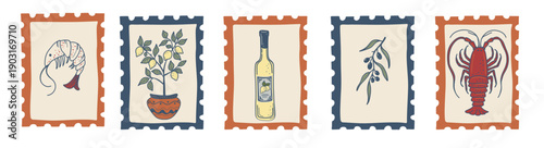 Vintage style postage stamps inspired by classic Mediterranean food themes. Ideal for creative food and travel related projects.