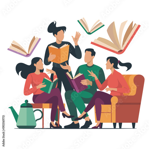 Group of four people sitting together discussing books with floating open books in the background representing a lively book club meeting and literary discussion.