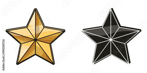 Golden and black star shapes with glossy finish on white background