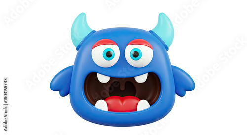 3D Blue Cartoon Monster with Open Mouth and Big Eyes