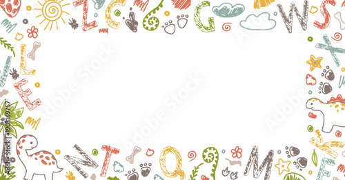 Decorative dinosaur themed frame with cartoon doodles and pastel crayon look. Frame crayon kindergarten style works well for children graphics, learning materials and fun layouts.