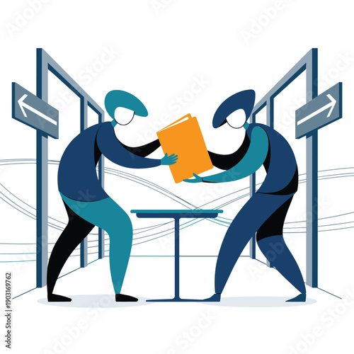 Two professionals exchanging a yellow folder document in a stylized office corridor setting representing the handover of important business files and information.