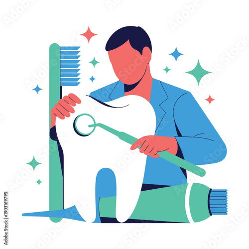 Dentist holding a large tooth model and cleaning tools with a toothpaste tube and toothbrush in the background representing dental care and oral hygiene education.