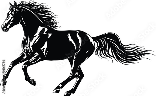 Detailed Black and White Vector Illustration of a Powerful Stallion Horse Running and Galloping with Flying Mane for Equestrian Sports and Wildlife Graphic Designs