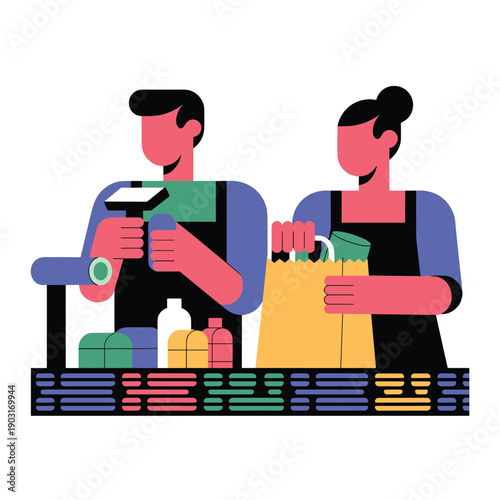 Two supermarket cashiers in aprons scanning groceries and packing a paper bag at the checkout counter to serve customers in a retail grocery store shopping line.