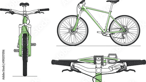Detailed green mountain bike vector illustration set with front, side and handlebar views, modern bicycle design, cycling sport equipment isolated on white.