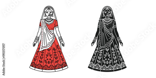 Traditional indian women in red and black saree clothing