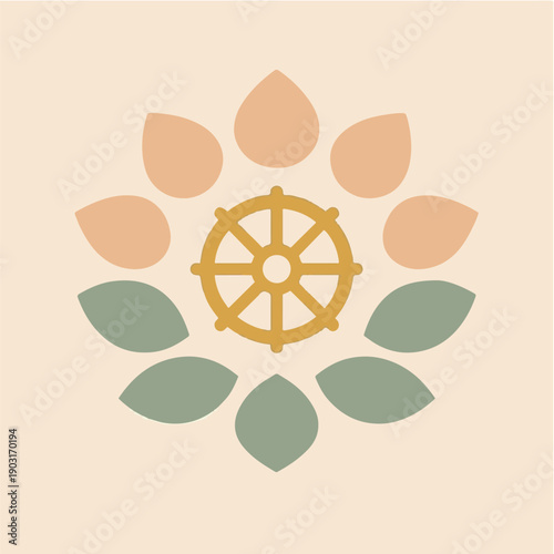 Minimal Lotus Flower with Dharma Wheel Symbol in Earthy Pastel Tones