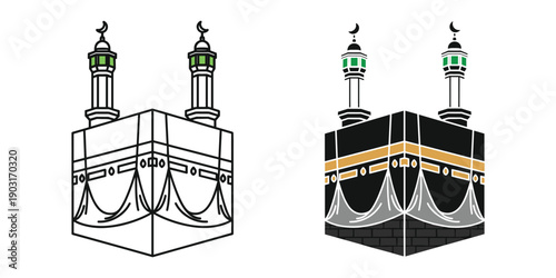 Kabah mecca illustrations in black and color with minarets