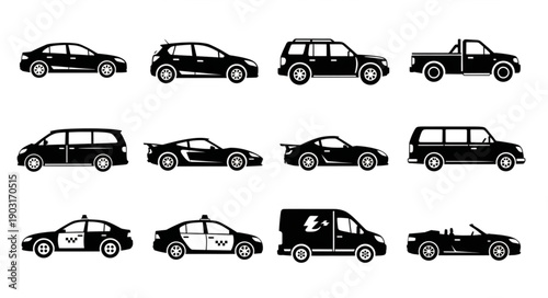 Collection of diverse vehicle silhouettes for transportation and automotive themes.