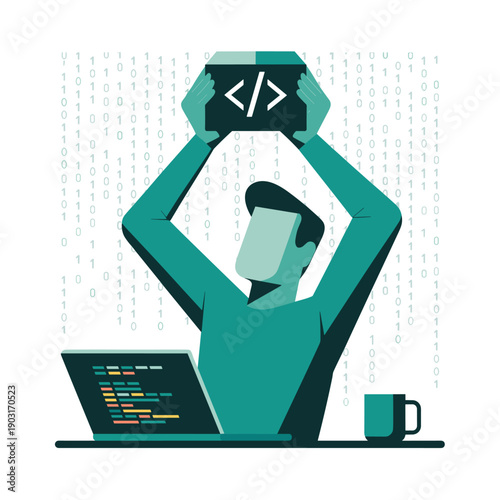 A successful software developer triumphantly holds a coding symbol above his head while sitting at his desk with a laptop, celebrating a programming achievement or fix.