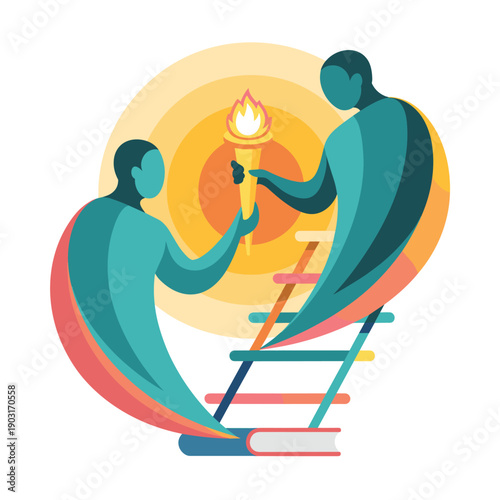 An experienced mentor passes a flaming torch to a successor while climbing a ladder, symbolizing the transfer of knowledge, leadership, and guidance in a life journey.
