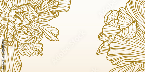 Abstract background with hand drawn floral elements. Elegant golden peony floral line art. Vector design templates for postcard, poster, business card, flyer, magazine, banner, wedding invitation.