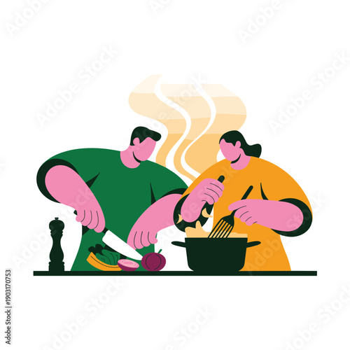 A happy couple enjoys cooking a meal together in the kitchen, with the man chopping vegetables and the woman stirring a pot, representing teamwork and domestic life.