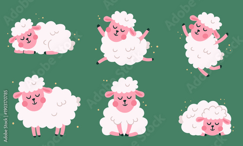 A set of vector illustrations in a cute children's style. Cute sheep in different poses, running, jumping, and sleeping. . Vector illustration
