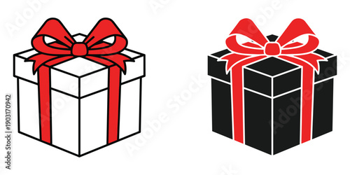 Gift boxes with red bows presents wrapped in white and black paper
