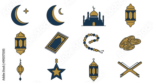 Icônes Minimalistes de Symboles Islamiques Marine et Or