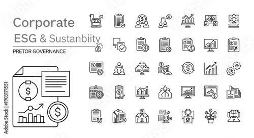 Corporate ESG & Sustainability Icons: Governance, Finance, Growth, Reporting