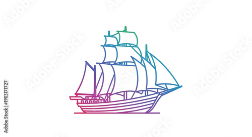 Vibrant colorful gradient tall ship line art illustration on white background sailing vessel icon