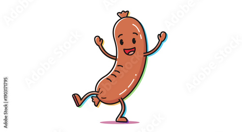 Cheerful cartoon sausage mascot bouncing with joy a perfect whimsical food illustration