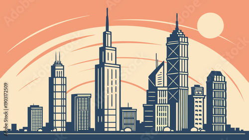 City skyline at sunset with tall buildings and a large moon in the sky