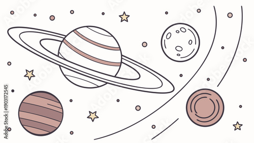 Colorful illustration of planets and stars in outer space with a large ringed planet