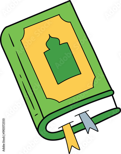 Illustration of an open green prayer book with bookmarks and iftar icon on a notable page, viewed from above.