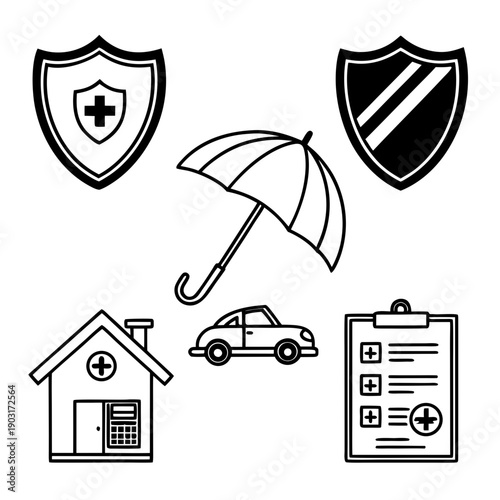 Black and white icons of insurance symbols and protection signs