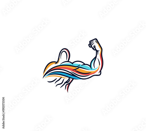 Abstract illustration of flexing arm with colorful lines on dark background