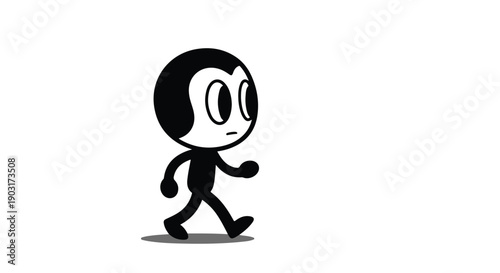 Black and white cartoon character walking animation frame